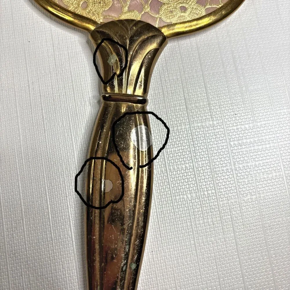 Vanity Gold Lace Dresser Set Hand Mirror Brush Comb Floral 70s Vintage 3 Pcs
